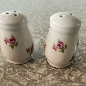 White Porcelain Salt and Pepper Shakers with Pink Rose Design